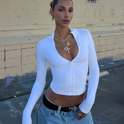 Huhugirl Summer Sexy Club Tees Zipper Tshirts Women Solid Tops Fashion Long Sleeveless V-Neck Streetwear Mini Slim Tops Blusas