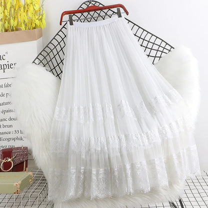 Fashion High Waist Tulle Midi Skirts Woman Lining Mesh Lace Patchwork Kawaii Harajuku Dance Bridesmaids Skirt Women