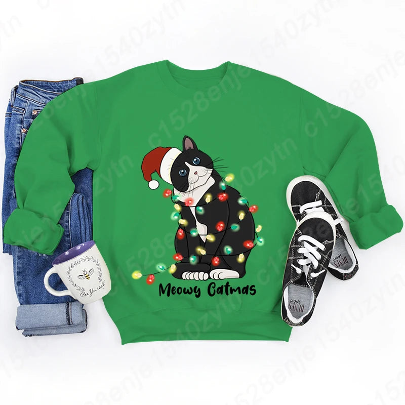 Christmas Light Cat Meowy Catmas Print Sweatshirt Autumn And Winter Sweatshirt Ladies Casual Long Sleeve Hoodless Pullovers Tops