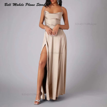 Elegant Women Sexy Satin Prom Dress Summer Sexy Blue High Slits Graduate Evening Long Dress Ladies Backless Lace Up Party Robes