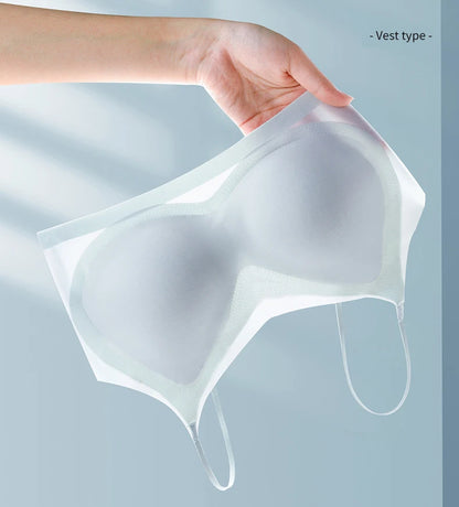 Ultra-thin Ice Silk Padded Bra Seamless Underwear Women's Thin Section  Sling Beautiful Back Vest Tops Big Chest Small Sleep Bra