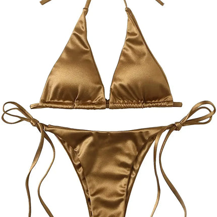 Halter Brazilian Metallic Satin Bikini Women Swimwear Female Swimsuit Two-pieces Bikini Set High Cut Bathing Suit Swim Beachwear