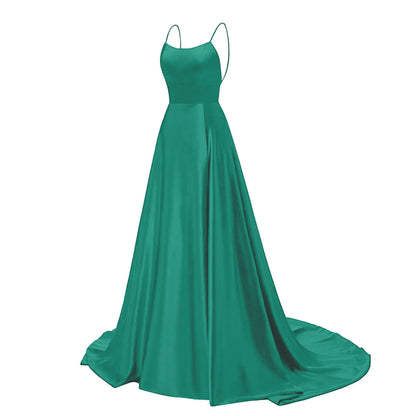Evening Dress Women'S Long Dresses  Backless Long Dresses Satin Strap Party  Dress Side Slit Wedding Pockets Dress Evening Dress