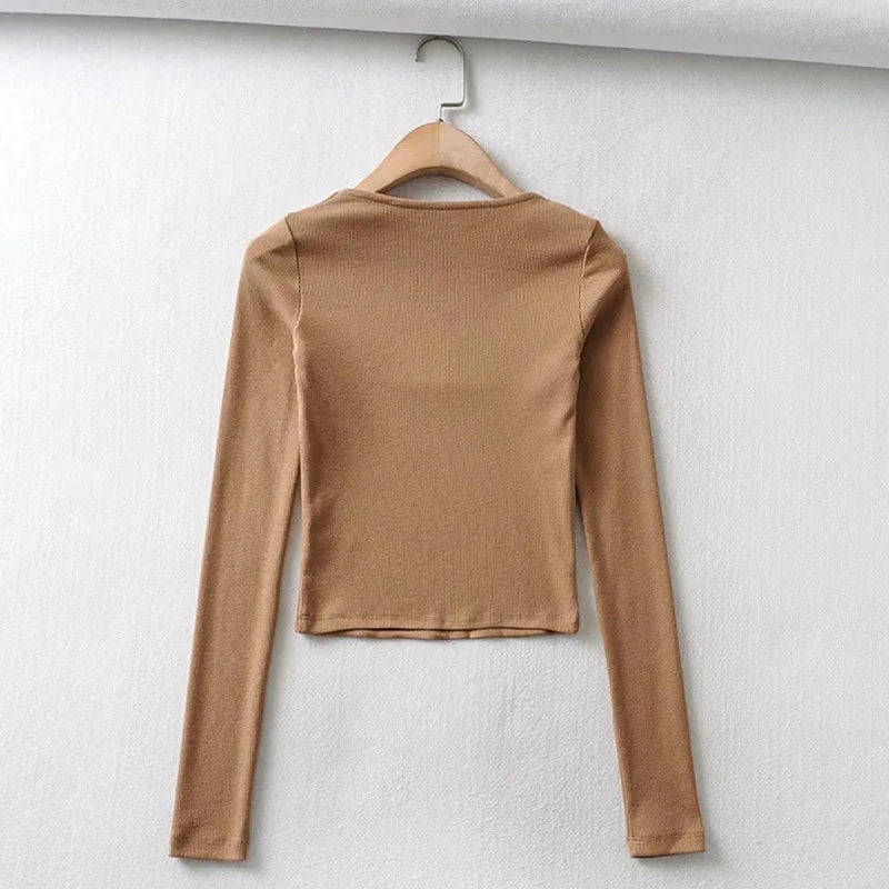 Women Cotton Ribbed Square Neck Crop Top With Long Sleeve