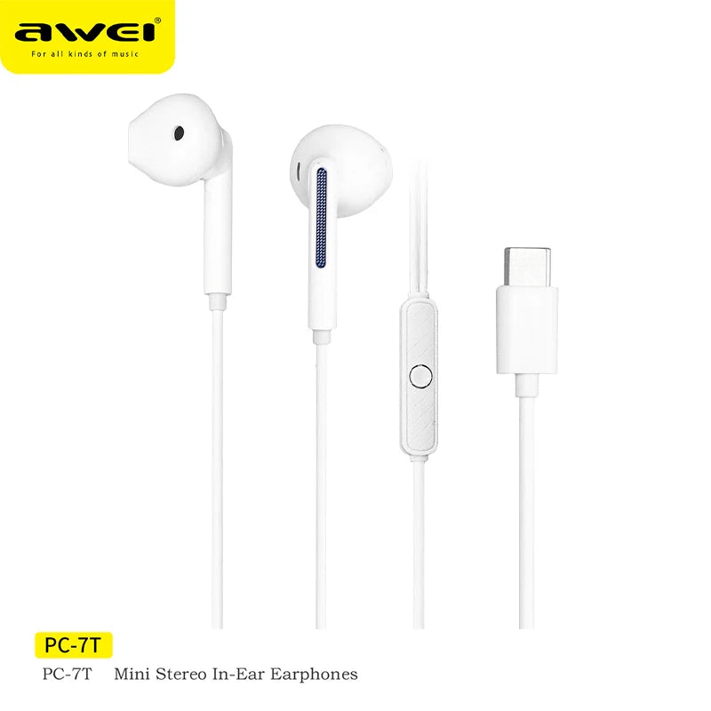 Awei PC-7T/PC-7 Wire-controlled Headset With Microphone Hands-free Calling Ergonomic Headphone Type-C Earphone For Smartphones