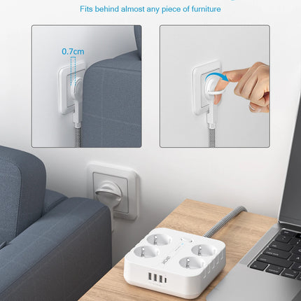 LENCENT EU Plug Power Strip with 4 AC Outlets+ 3 USB+ 1 Type C +2M/3M Braided Cable Multi Socket with Switch for Home/Office