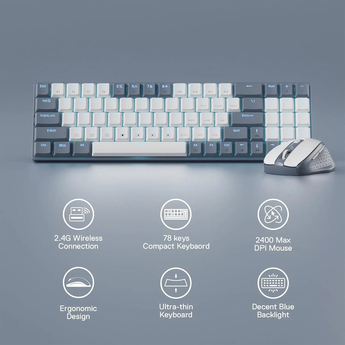 Redragon BS8772 Wireless Keyboard and Mouse Combo, 78 Keys 2.4Ghz Wireless Low-Profile Mechanical Keyboard w/ 2400 DPI Mouse