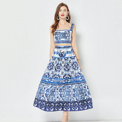 JAMERARY Summer Runway Blue And White Porcelain Two Piece Set Women Flower Print Short Crop Top + Holiday Beach Maxi Skirt Suits