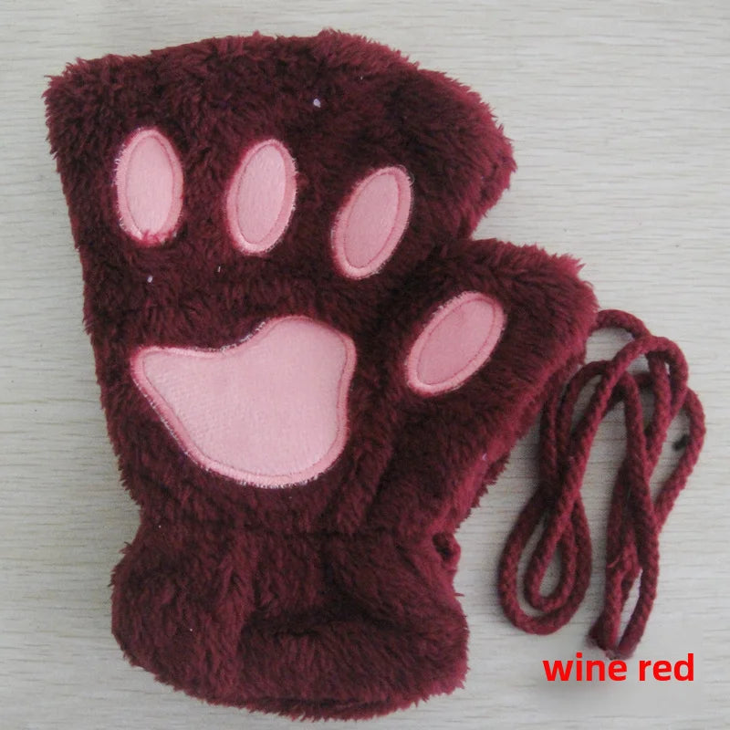 Cat Claw Gloves Winter Cute Cartoon Cat Girls Fingerless Gloves Thickened Velvet Bear Paw Half Finger Gloves