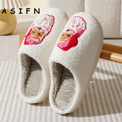 Fashion Winter Christmas Santa Claus Slippers Houseshoes Women Comfy Home Flat Slip-on Bedroom Cute Pink Christmas Party Shoes