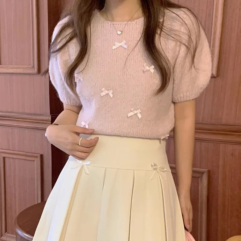 Korean Version Spring/Autumn Round Neck Bow Decoration Sweet and Fashionable Versatile Knitted Short Sleeve Pullover Top