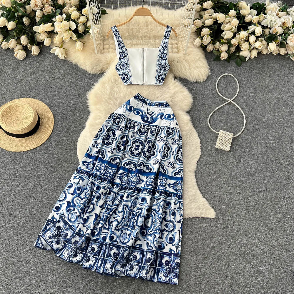 JAMERARY Summer Runway Blue And White Porcelain Two Piece Set Women Flower Print Short Crop Top + Holiday Beach Maxi Skirt Suits