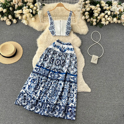 JAMERARY Summer Runway Blue And White Porcelain Two Piece Set Women Flower Print Short Crop Top + Holiday Beach Maxi Skirt Suits