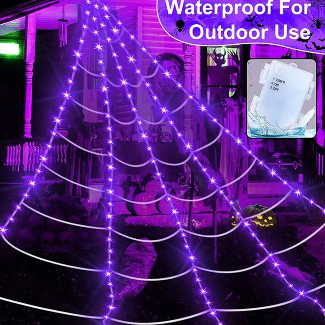 8 Modes Halloween Spider Web Lights Glow Waterproof LED Spider Net Triangle Hanging Scary Giant Spider Party