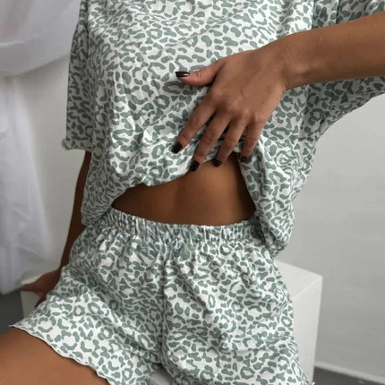 Women's Fashion Models Leopard Print Sexy Hottie Round Neck Short Sleeve Shorts Suit Pyjamas Homewear