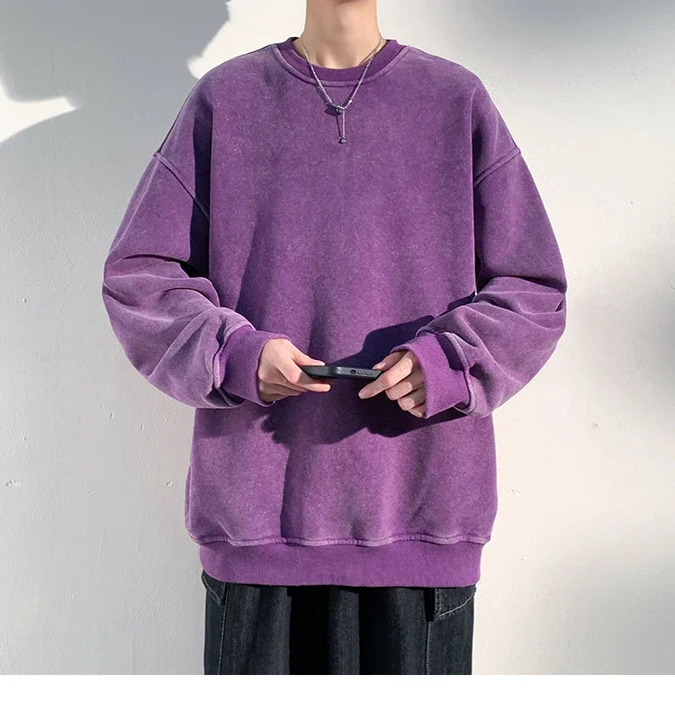New Autumn Round Neck Washed  Men's Hoodie Sweatshirt  Couple Long Sleeve Loose Europe and America Street Boy Pullover Sweater