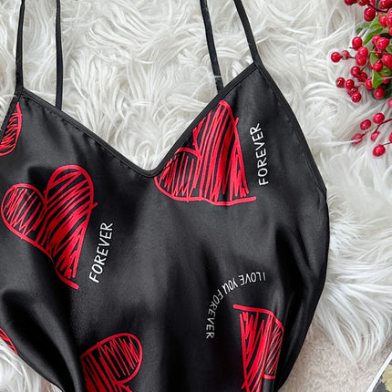 Valentine's Day Red Lip Print Satin Slip Nightdress V Neck Backless Mini Sleep Dress  Women's Sleepwear   Dresses