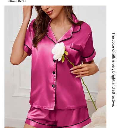 Womens Satin Pajamas Set Luxurious Short Sleeve Turn-down collar Button Top & Shorts Sleepwear & Loungewear for Summer Nightwear