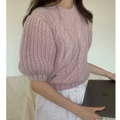 summer autumn Women's Knitted Pullover Fashion puff Sleeve solid Sweater crop Top Elegant loose Lapel Knitted Pullover gray Tops