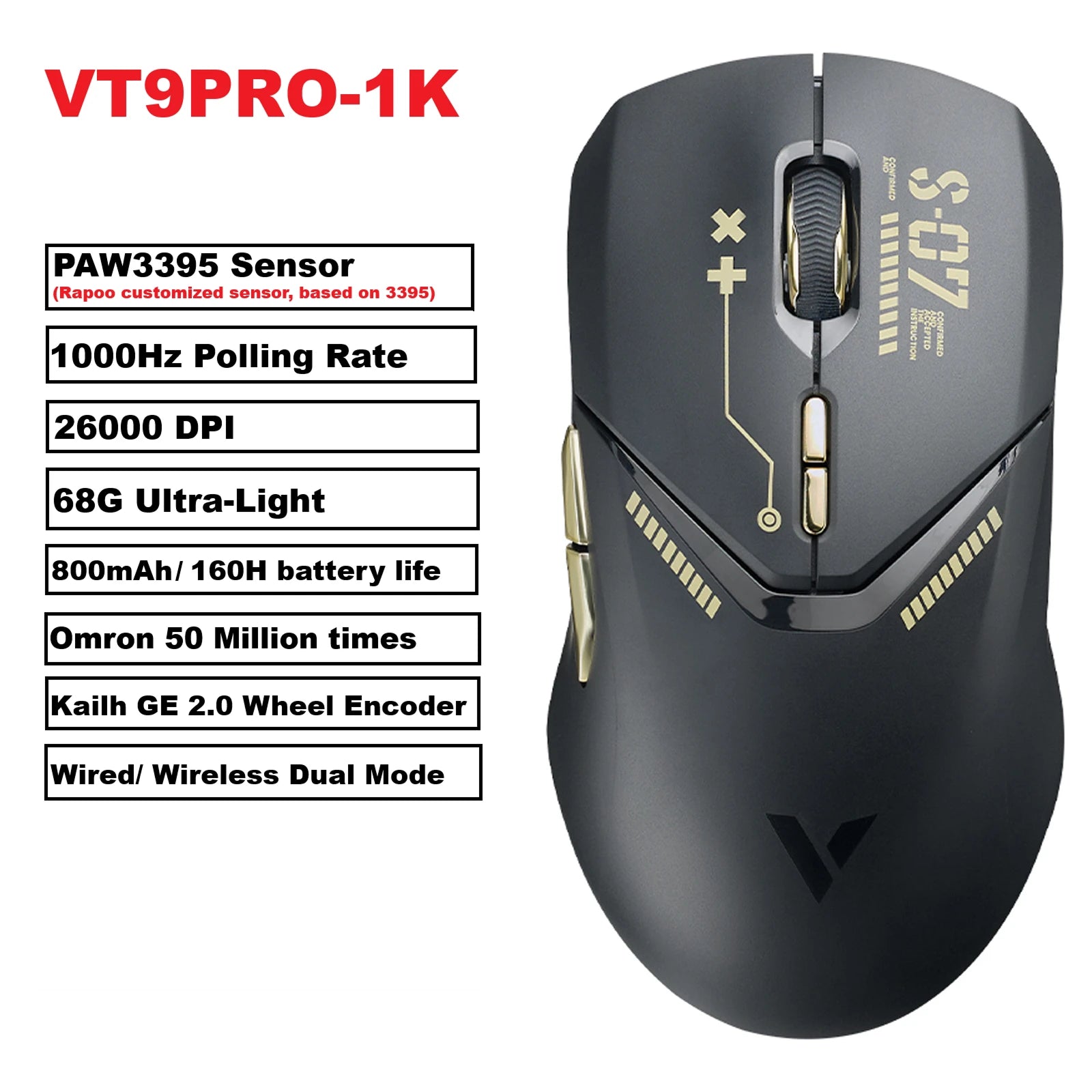 Rapoo VT9PRO PAW3398 Wireless Gaming Mouse 26000DPI 68g Lightweight Wired Wireless Mouse 160H Super Long Battery Life