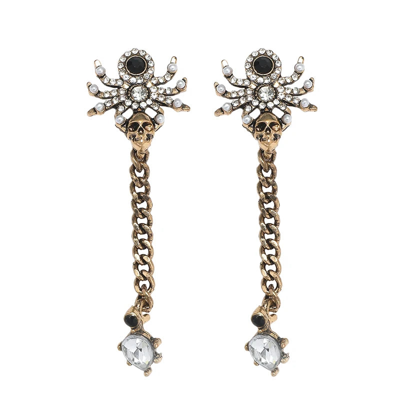 Halloween Retro Spider Skull Head Rhinestone Twisted Chain Long Ear Studs Small Design Alloy Earrings Earrings Earrings