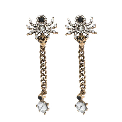 Halloween Retro Spider Skull Head Rhinestone Twisted Chain Long Ear Studs Small Design Alloy Earrings Earrings Earrings