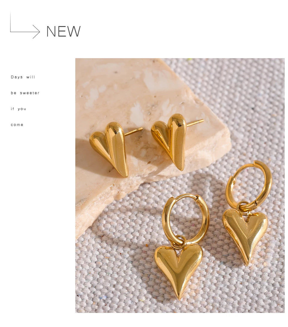 Yhpup Stainless Steel Chic Heart Huggie Hoop Earrings Charm Gold Color Tarnish Free Trendy Fashion Jewelry for Women Bijoux
