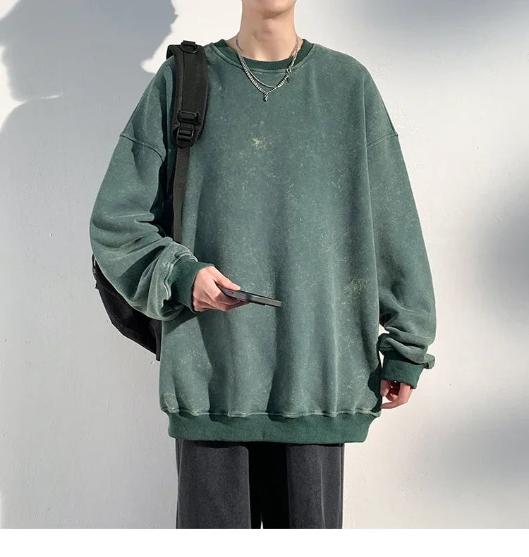 New Autumn Round Neck Washed  Men's Hoodie Sweatshirt  Couple Long Sleeve Loose Europe and America Street Boy Pullover Sweater