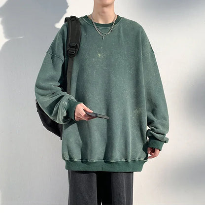 New Autumn Round Neck Washed  Men's Hoodie Sweatshirt  Couple Long Sleeve Loose Europe and America Street Boy Pullover Sweater