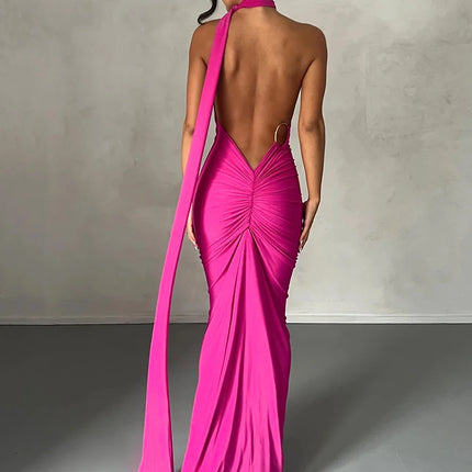 Hugcitar One Shoulder Backless Adjustable Scarf Loop Ruched Sexy Maxi Dress 2024 Women Elegant Y2K Streetwear Festival Outfit