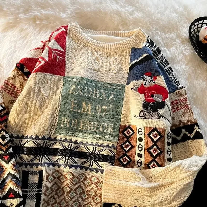 Christmas Sweater Men's Winter Loose-fit Casual Style Knitted Top Jacket American Vintage Fleece-lined Thickened Line Clothes