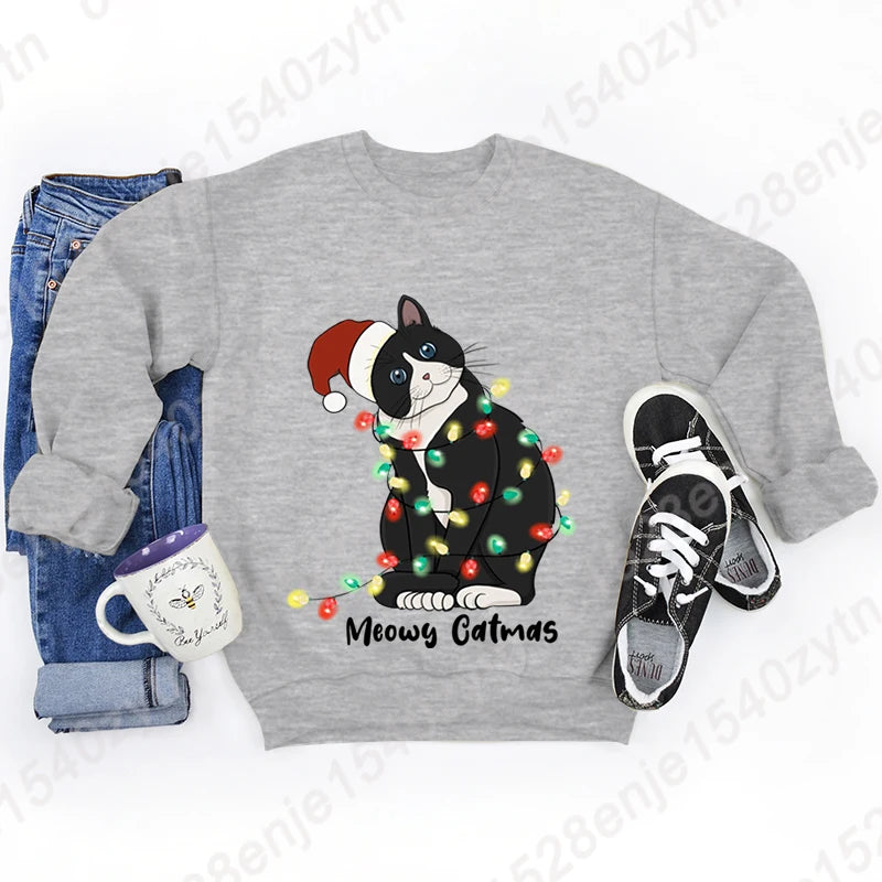Christmas Light Cat Meowy Catmas Print Sweatshirt Autumn And Winter Sweatshirt Ladies Casual Long Sleeve Hoodless Pullovers Tops