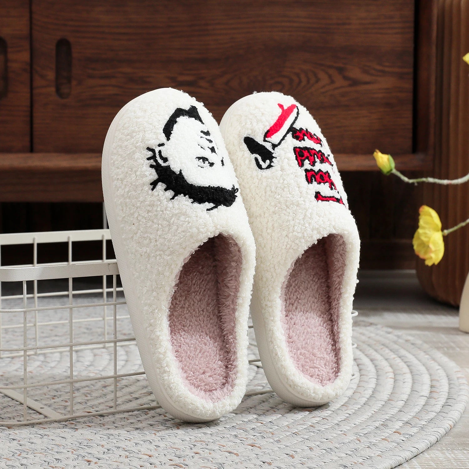 Horror Thriller Movie Michael Myers Halloween Embroidered Stuffed Home Thick-Soled Plaid Stuffed Cotton Slippers Cute Warm Anti-Slip Indoor Slippers for Gifts