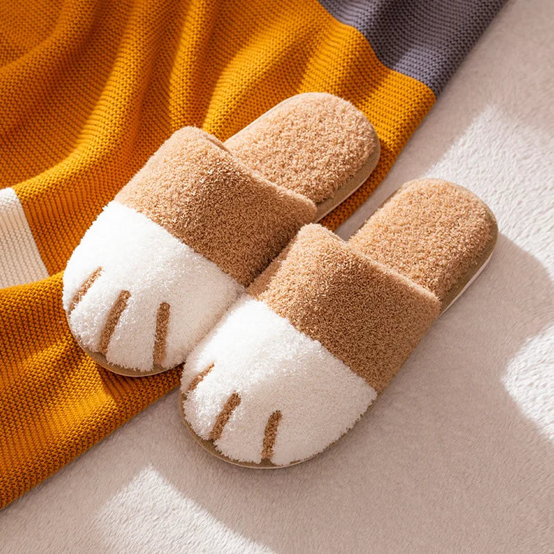 BEVERGREEN Winter Cute Cat Paw Designer House Women Fur Slippers Floor Mute Bedroom Lovers Warm Plush Shoes Indoor Fluffy Slides