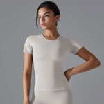 Women Running Sports T Shirt Summer Short Sleeve Round Neck Breathable Stretchy GYM Yoga Slim Fitness Active Top Tee