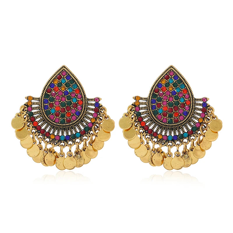 Vintage Indian Feng Shui Droplets Full of Diamonds, Colorful Tassel Round Plate Ball Earrings