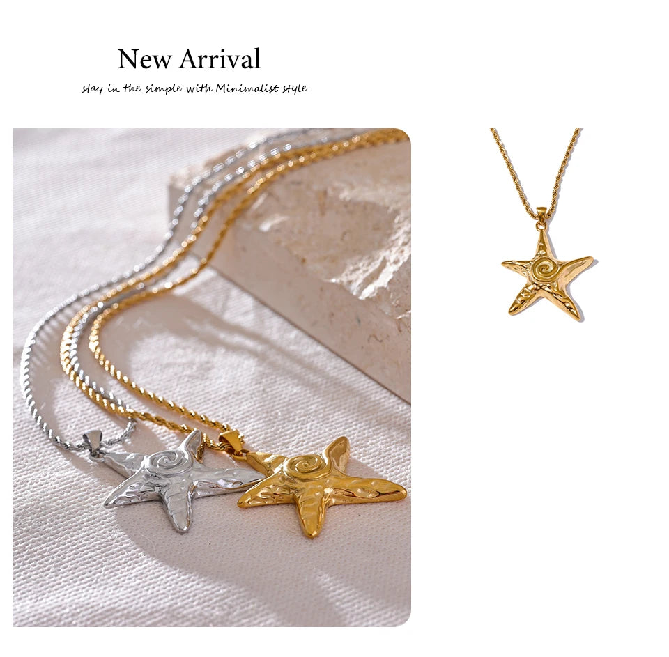 Yhpup 316L Stainless Steel Starfish Pendant Necklace Rust Proof Statement 18K Gold PVD Plated Individualistic Holiday Jewelry