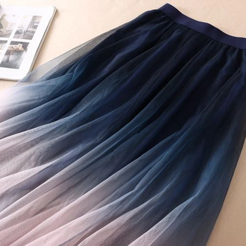 MEXZT Gradient Tulle Midi Skirt Women Elegant Mesh Pleated Skirts Summer Korean Fashion High Waist Casual All Match A Line Skirt