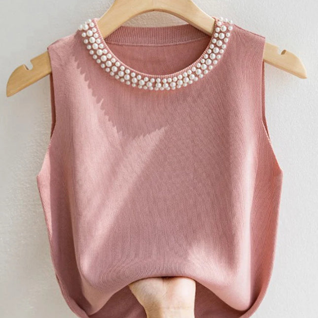 Korea Knitted Vests Women Top Solid Tank Blusas Mujer De Moda Summer New Fashion Female Sleeveless Beading Casual Thin Tops