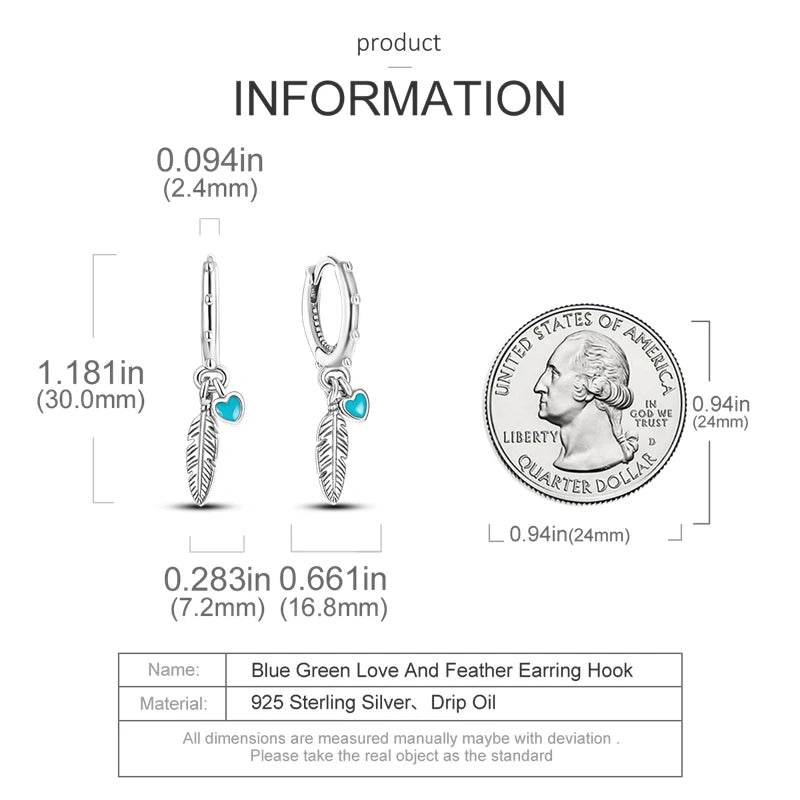 Genuine 925 Sterling Silver Love Feather Earrings Fit Original Charms Hoop  For Women girls Stud Earring Fine Jewelry Gifts
