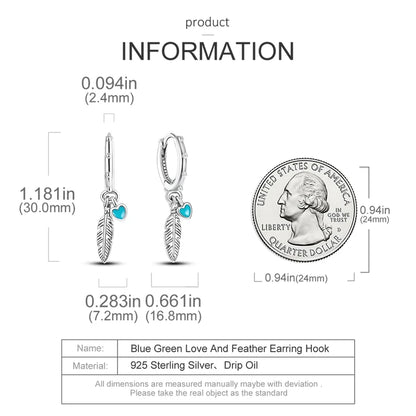 Genuine 925 Sterling Silver Love Feather Earrings Fit Original Charms Hoop  For Women girls Stud Earring Fine Jewelry Gifts