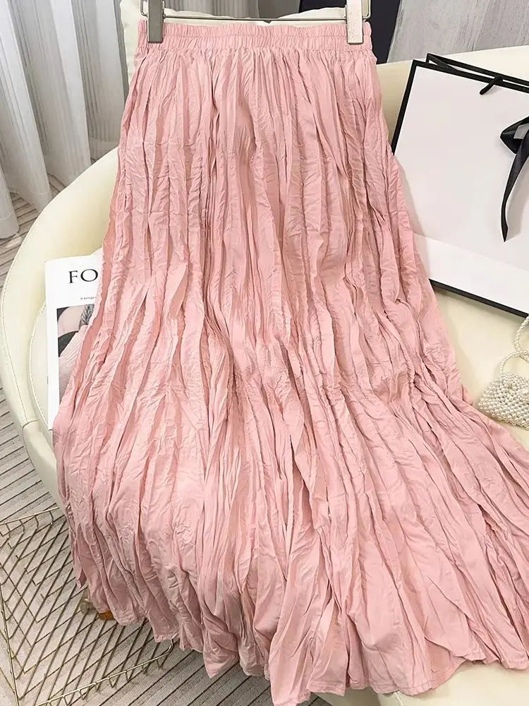 Spring Summer Elastic Waist Skirts Women Wrinkled Soft Solid A Line Long Skirt With Linning