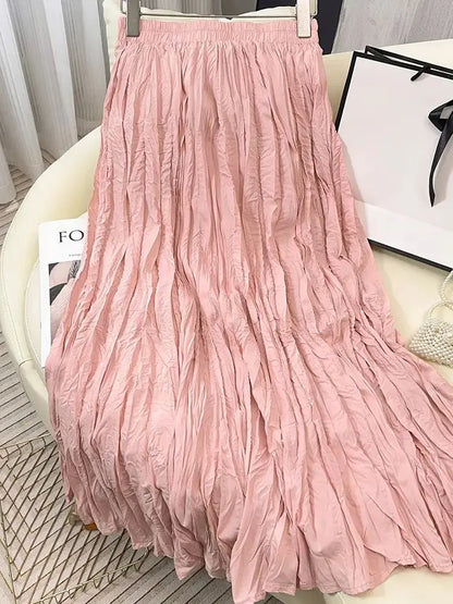 Spring Summer Elastic Waist Skirts Women Wrinkled Soft Solid A Line Long Skirt With Linning