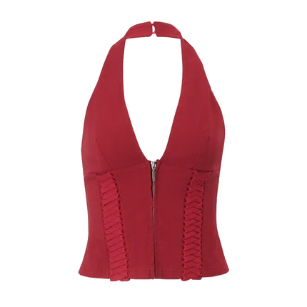 WhereMery Fashion Cross Tie Zipper Slim Women's Vest Sexy Off Shoulder Backless Sleeveless Halter Top Casual Summer Street Camis