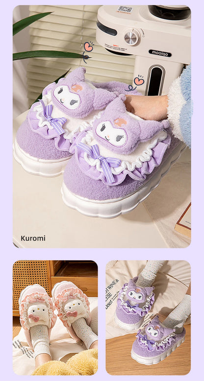 Sanrio Kawaii Cinnamoroll Womens Slippers Kuromi Hello Kitty Plush Cartoon Cute Sweet Suitable Indoor Outdoor Winter Shoes