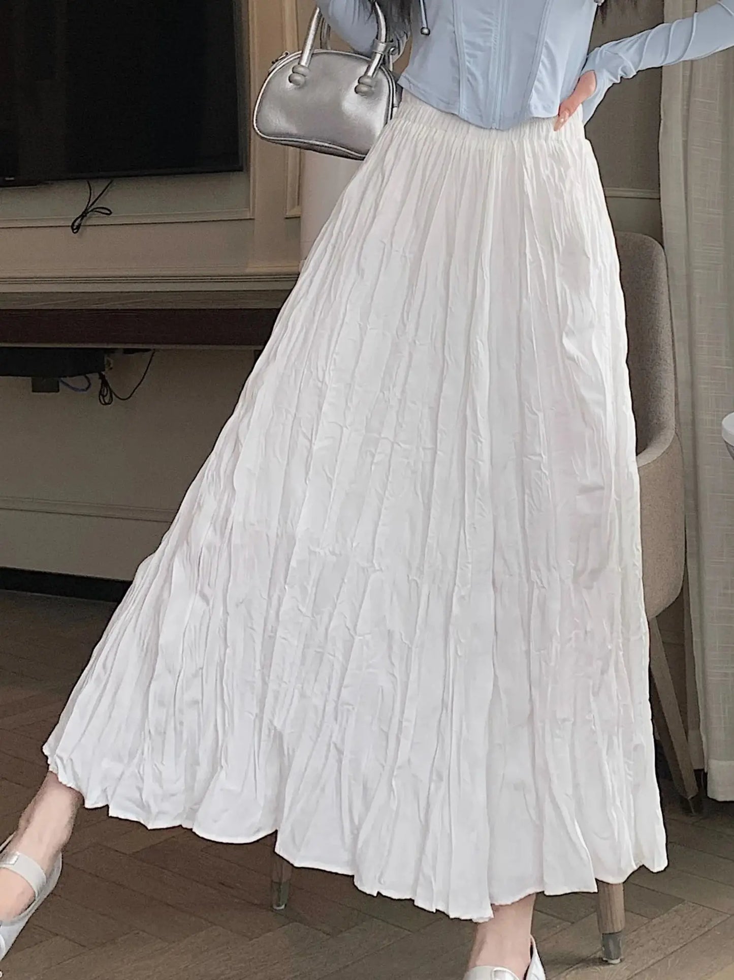 Spring Summer Elastic Waist Skirts Women Wrinkled Soft Solid A Line Long Skirt With Linning