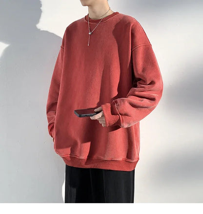New Autumn Round Neck Washed  Men's Hoodie Sweatshirt  Couple Long Sleeve Loose Europe and America Street Boy Pullover Sweater