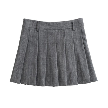 TRAF 2024 Spring Women Fashion Grey 2 Piece Sets Woman Pinstripes Pockets Slim Blazer Coat + Zipper Versatile Female Mini Skirts