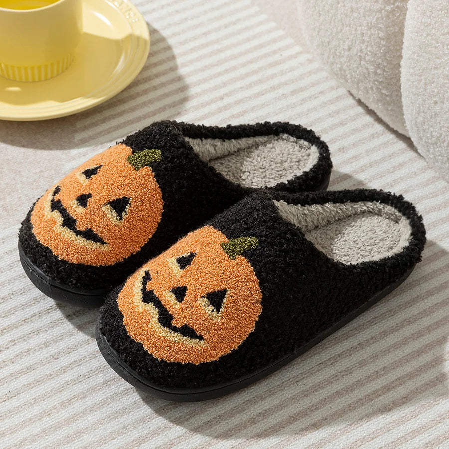 Smile Pumpkin Halloween Women's Slippers Winter Indoor Cartoon Comfort Home Bedroom Soft Causal Flat Plush Shoes for Gift