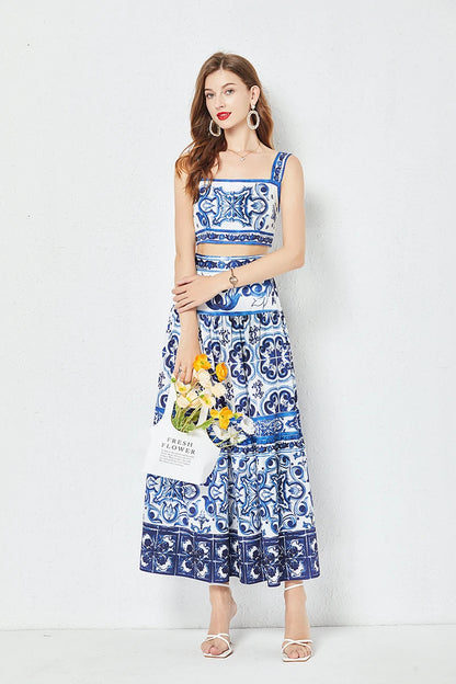 JAMERARY Summer Runway Blue And White Porcelain Two Piece Set Women Flower Print Short Crop Top + Holiday Beach Maxi Skirt Suits